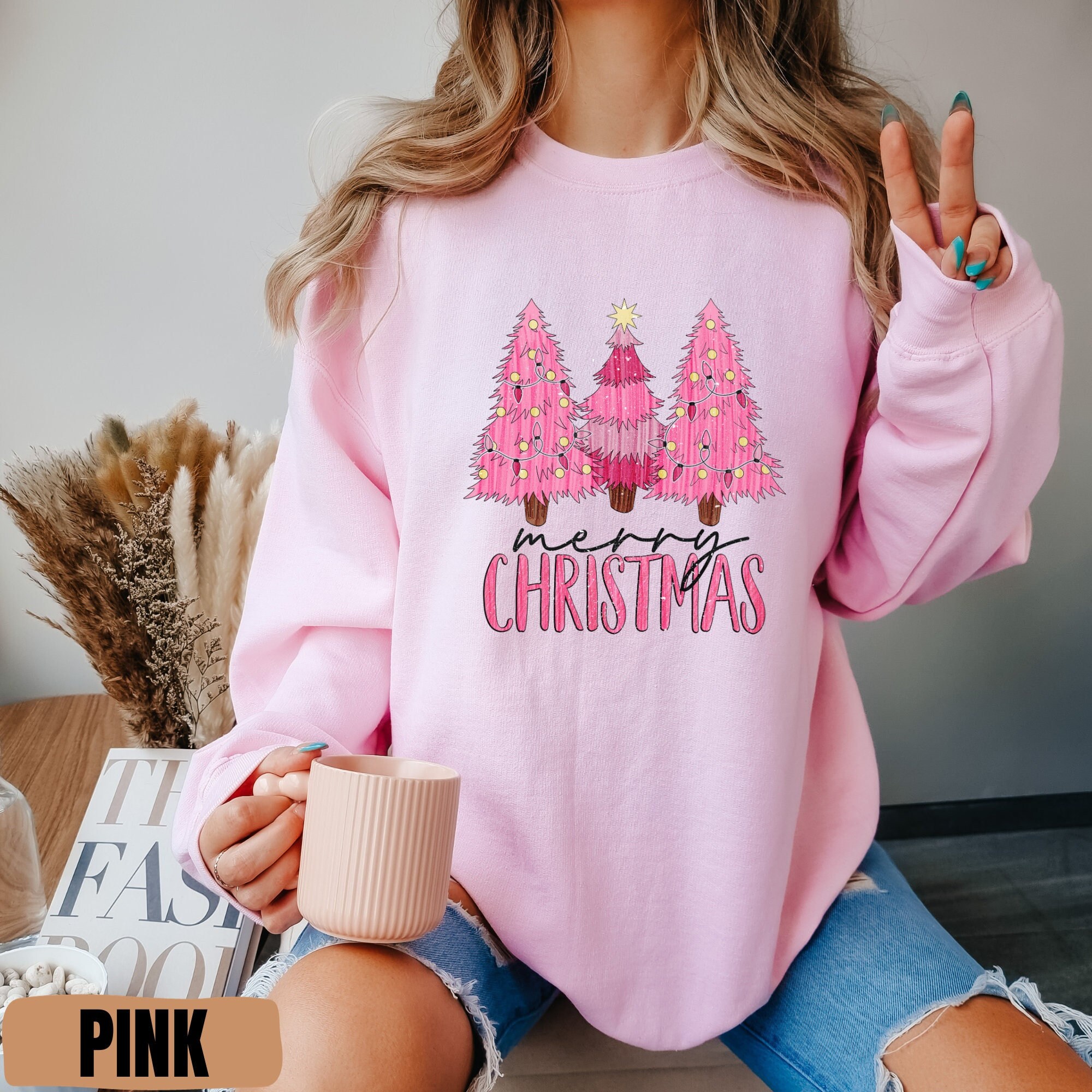 Pink Christmas Shirt Merry Christmas Sweater Christmas Tree Etsy