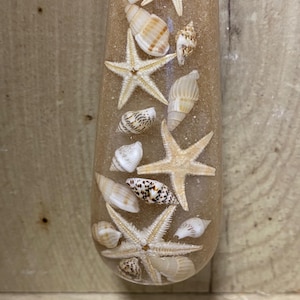 May include: A clear, cylindrical candle with embedded seashells and starfish. The candle is filled with sand and has a string for hanging. A collection of seashells rests below the candle.