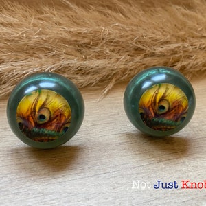 May include: Two round green knobs with a peacock feather design. The knobs have a metallic sheen.