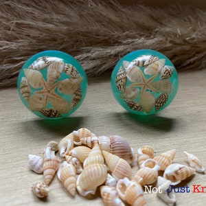May include: Two turquoise resin knobs with a starfish and seashells embedded inside. A pile of seashells are scattered on a wooden surface. The text "Not Just Knobs" is visible in the bottom right corner of the image.