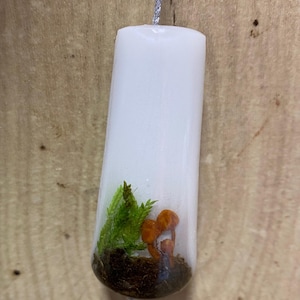 May include: A white, cylindrical pull chain with a silver cord. The bottom of the chain features a miniature forest scene with orange mushrooms, green moss, and brown soil encased in clear resin.