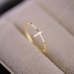14K Solid Gold Cross Ring and Dainty Thin Stackable Engagement Rings, Christian Handmade Jewelry Art Deco Promise Pinky Ring Gift For Her