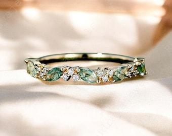 Marquise Moss Agate Wedding Band 14K Rose Gold Wedding Band Women Half Eternity Diamond Matching Unique Bridal Stacking Promise Gift for Her