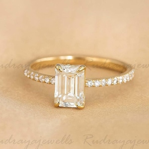 Vintage Emerald Cut Diamond Engagement Ring, Hidden Halo Ring, Pave Diamond Ring, Emerald Simulated Diamond, Wedding Ring Gift For Her