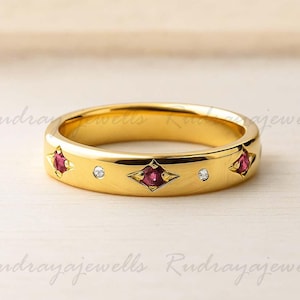 Zierlicher Rubin Stapelring 14k Gold Minimalist Bandring Einfacher Rubinring Diamant Verlobungsring Dünner Ring, Zartes Ring Geschenk für Frauen