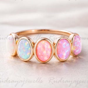 Fire Opal Wedding Band, 14K Solid Gold Dainty Ring, Handmade