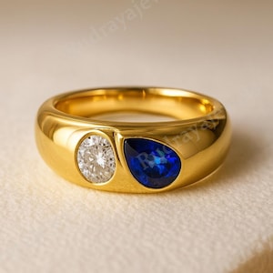 14K Gold Pear Cut Diamond & Sapphire Ring • Two Stone Flush Set Teardrop Birthstone Toi et Moi Ring Double Stone Ring Anniversary Gift