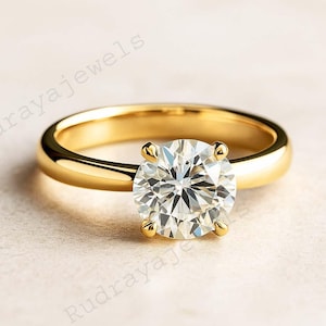 2 CT Simulated Diamond Round Solitaire Engagement Ring, Brilliant Round Diamond, Lab Created Diamond Engagement Ring, Gold Bridal Ring