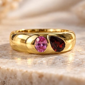 Toi et Moi Flush Set Ring Pink Sapphire Garnet Chunky Dome Gold Band Oval Pear Gemstone Two Stone Engagement Ring Modern Unique Ring for Her
