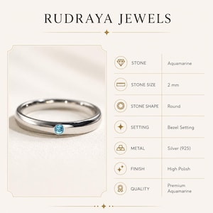 Puede incluir: Un anillo de plata 925 con una piedra aguamarina redonda de 2 mm en engaste de bisel y acabado pulido. El texto Rudraya Jewels aparece en la parte superior, junto a una tabla que detalla la piedra, tama&ntilde;o, forma, engaste, metal y calidad.