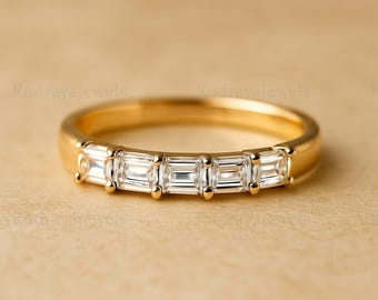 East To West Baguette Cut Diamond Half Eternity Wedding Band, 14k Yellow Gold Band, Stackable Band, Hand Made Matching Band Gift For Women