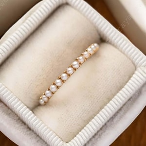 Dainty pearl Silver ring, pearl stacking band ring, pearl eternity wedding band, june birthstone, promise ring, gift for her, pearl band