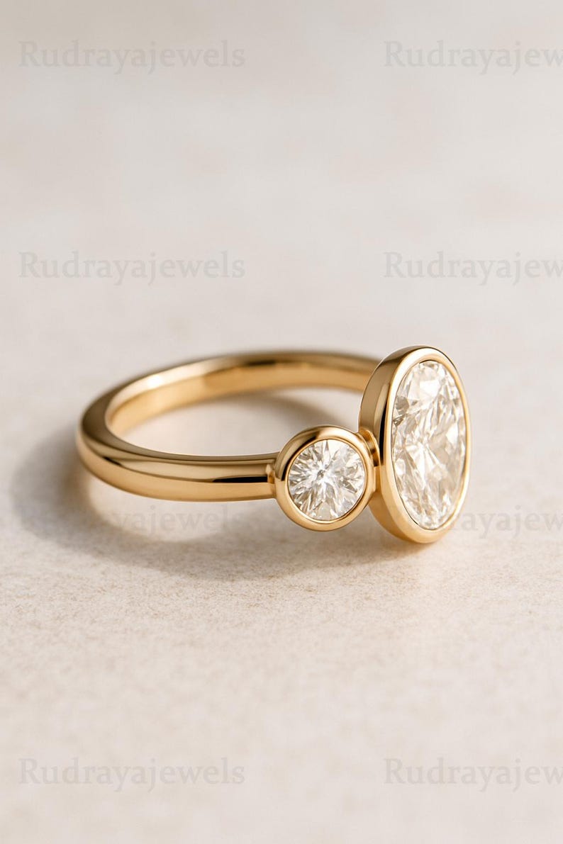 3CTW Oval Cut Moissanite Engagement Ring, Three Stone Bezel Set Trilogy ...
