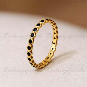 Black Onyx Eternity Thin Wedding Ring Band Silver Rose Gold Stackable Ring Simple Pave Stacking Ring Black Stone Matching Band Gift
