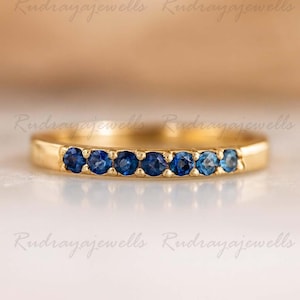 Solid Gold Sapphire Wedding Band, 14k Gold Eternity Ring for Women Thin Stacking Ring Blue Gemstone Ring Minimalist Sapphire Ring For Gifts