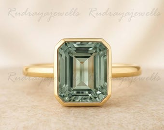 Green Amethyst Ring, Solitaire Prasiolite Ring, Emerald Cut Amethyst Bezel Set, 14k Yellow Gold Wedding Ring Hand Made Jewelry Ring for Gift