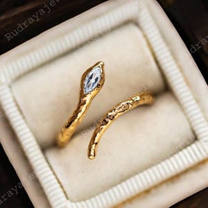 サーペントリング 18K ゴールド スネークリング | テクスチャリング | サーペンタインスタイル | キュートリング | クールリング アクアマリン スネークリング シルバーまたはゴールド 調節可能