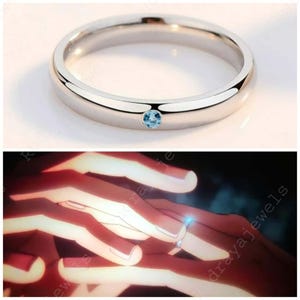 Puede incluir: Un anillo de metal plateado pulido con una peque&ntilde;a piedra preciosa redonda de color azul claro engastada al ras en el centro de la banda. El anillo tiene un perfil liso y redondeado con una superficie reflectante de dise&ntilde;o sencillo.