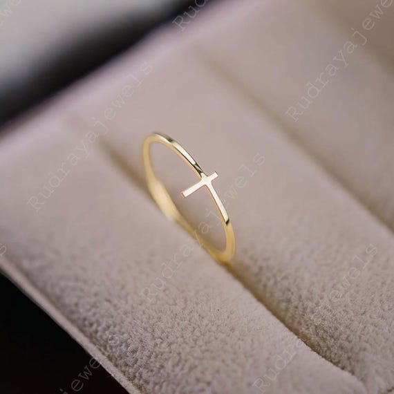 14K Solid Gold Cross Ring and Dainty Thin Stackable Engagement Rings, Christian Handmade Jewelry Art Deco Promise Pinky Ring Gift For Her