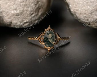 Natural Oval Shaped Moss Agate Engagement Ring 14K Solid Yellow Gold Promise Ring Nature Inspired Anniversary Jewelry Gift for Women & Wife