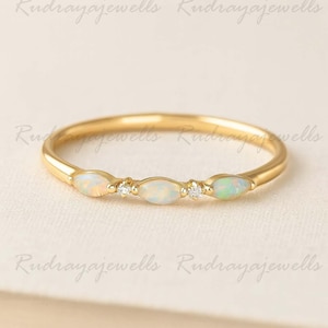 Marquise Opal Ring, Vintage Opal Band, Opal Wedding Band, Rose Gold Opal Ring, Dainty Opal Ring, October Birthstone Ring, Matching Band Ring