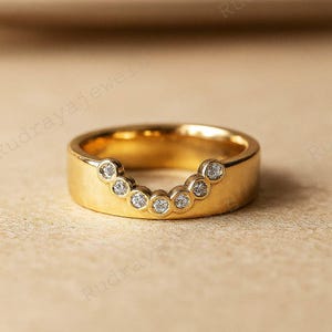 14k Solid Gold Moissanite Diamond Ring for Women Deep Curve Thick Band Pave Stack U-Shaped Chevron Bridal Enhancer Unique Band Anniversary