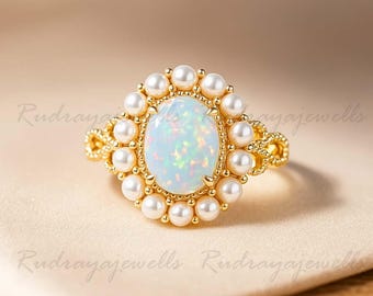 Anello unico con opale a pavé, oro giallo, delicato, opale sintetico e perla naturale, anello da donna in argento sterling, anello di tendenza, regalo per fidanzata, opale