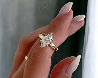 Anillo de diamantes talla marquesa de 2,50 quilates, oro amarillo de 14 quilates, banda gruesa, solitario vintage, regalo de compromiso para ella, anillo de promesa con diamantes simulados.