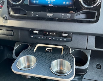Sprinter Van Black Hex Snack Tray: Stainless Cup Holders, Phone Table