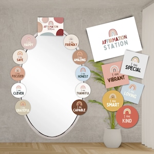 Plantilla editable de espejo de motivación con estación de afirmaciones arcoíris bohemia, imprimible y PNG con afirmaciones positivas