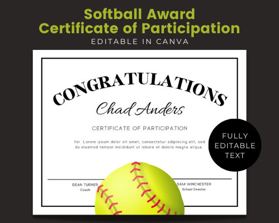 End of Season Softball Awards Editable Certificate Canva Etsy