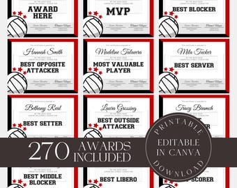 Editable Volleyball Awards Bundle Volleyball Certificates Printable Team Party Certificates Volleyball Participation Red