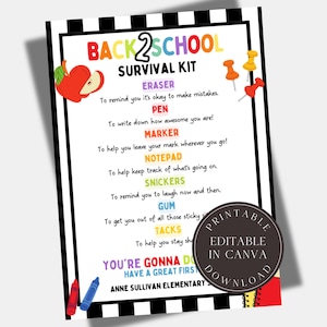 Editable Back to School Survival Kit Card Staff Teacher Gift Printable ...