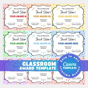 Plantilla de certificado escolar personalizado, certificado de premio de aula editable, certificado de premio imprimible para estudiantes de primaria, premio de graduación