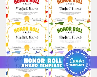 Honor roll certificate template, editable school academic award, student recognition printable, Canva download