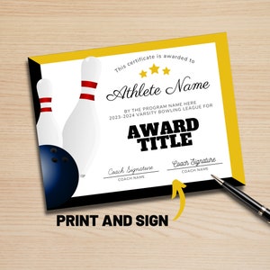 Editable Bowling Team Certificate Bowling Awards Printable Bowler Award ...
