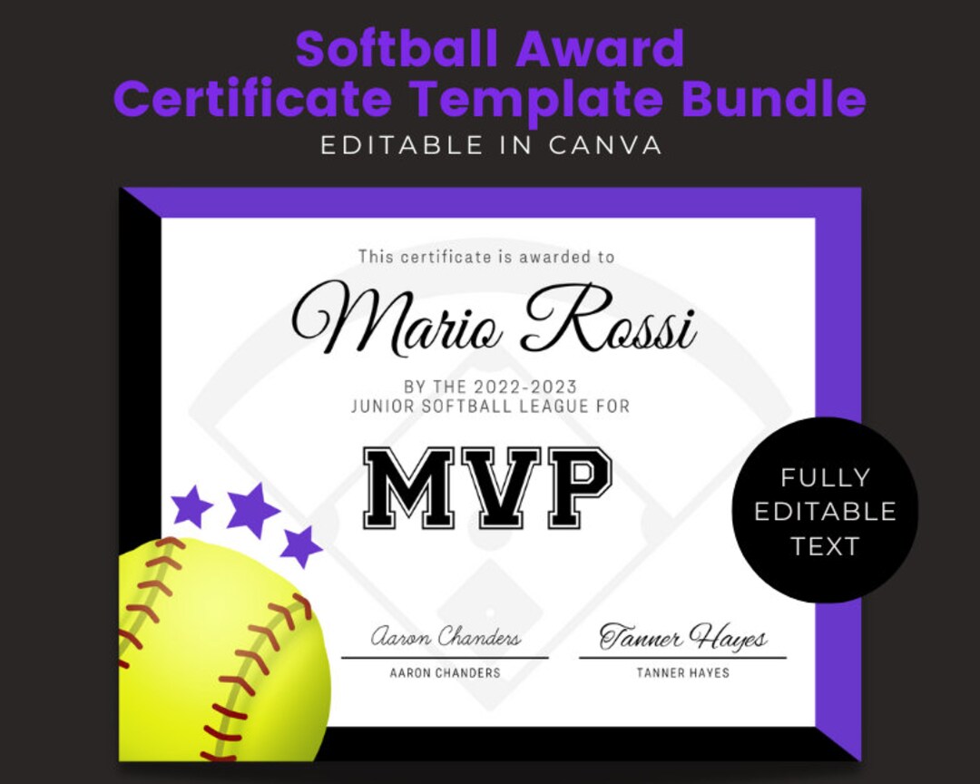 Editable Softball Award Certificate Bundle Team Party Canva Etsy