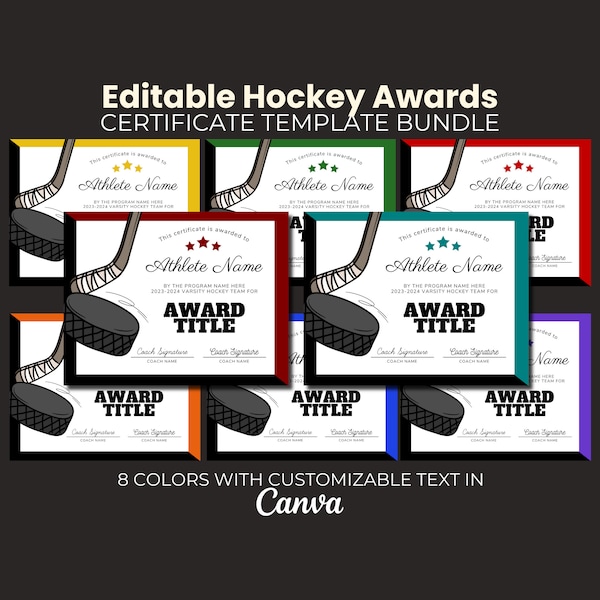 End of Season Hockey Awards Bundle, Editable Field Hockey Certificate, Printable Team Party Hockey Award, Ice Hockey Participation Blue