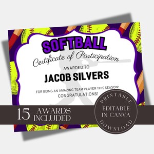 Editable Softball Awards Printable Softball Team Certificate Bundle Canva Template  Team Party Gift for Softball Player