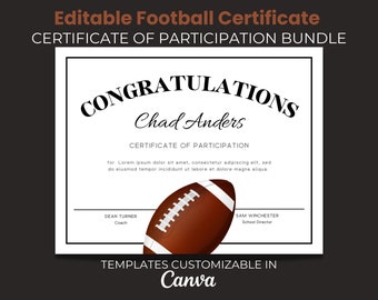 End of Season Football Awards, Editable Certificate  Template, Team Party Printable Award, Football Certificate of Participation Award