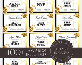 May include: Printable cheerleading award certificates with gold glitter and stars. The certificates are editable in Canva and include 400+ awards. The text on the certificates reads "Printable, Editable in Canva, Download".