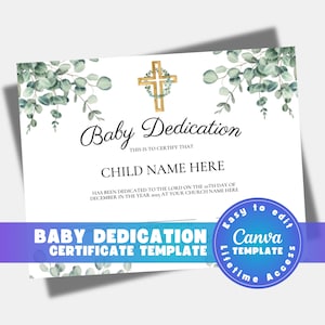 Editable Dedication Certificate Baptism Certificate  Template  Certificate of Dedication Baby Christening Church Child Dedication