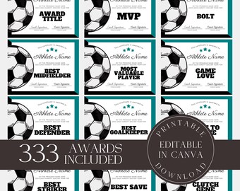 Plantilla editable de premios de fútbol, certificados de premios de fútbol personalizados, regalo para entrenadores, Canva digital imprimible.