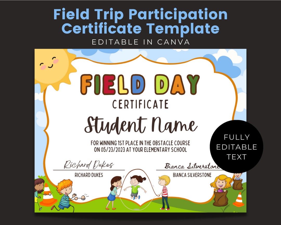 Editable School Field Day Certificate, Elementary Classroom Award Certificate, Canva Template