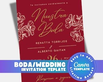 Spanish wedding invitation template, invitacion de boda printable, editable Canva 5x7, floral download