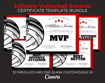 End of Season Volleyball Awards Bundle, Editable Volleyball Certificates, Printable Team Party Certificates, Volleyball Participation Red