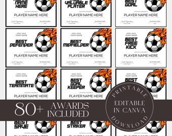 Plantilla editable de premios de fútbol, certificados de premios de fútbol personalizados, regalo para entrenadores, Canva digital imprimible.