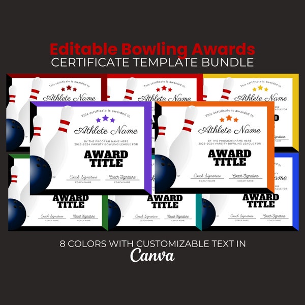 Editable Bowling Team Certificate, Bowling Awards, Printable Bowler Award, Bowling Team Awards, Team Party Bowling Awards,  Template