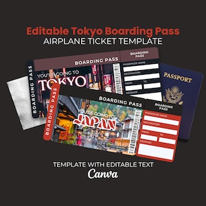 Editable Japan Surprise Boarding Pass Printable Tokyo Ticket Canva Template Surprise Invitation Vacation Tickets Airline Trip Ticket
