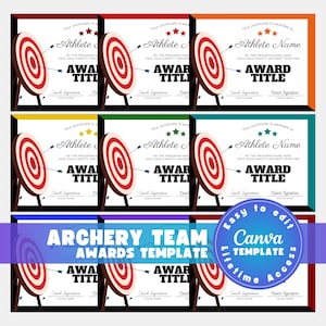 Plantilla de certificado de premio para equipo de tiro con arco (diseño de Canva imprimible y editable)